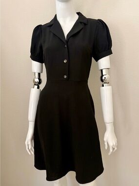 Monteau Black Short Puff-Sleeve Collared Mini Dress